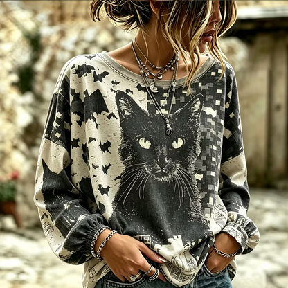 Women's Halloween Long-sleeved Shirt, Black Cat And Bat Print