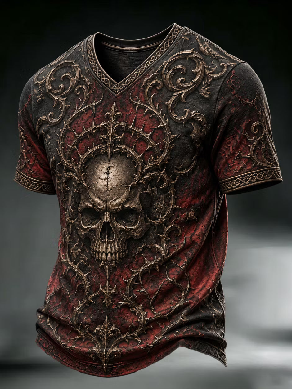 Men's Halloween Gothic Skull Gradient Print Casual V Neck T-shirt