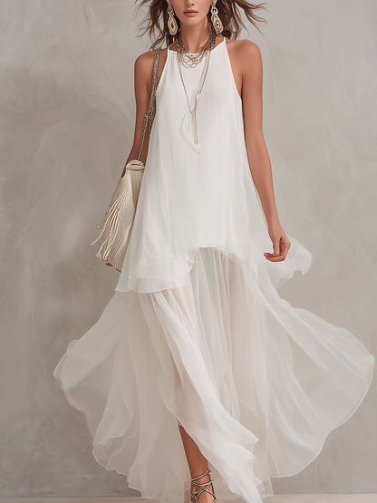 Bohemian White Chiffon Light Layered Long Dress