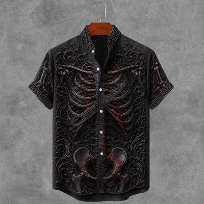 Men's Gothic Gothic Skeleton Floral Art Short Sleeve Linen Shirt
