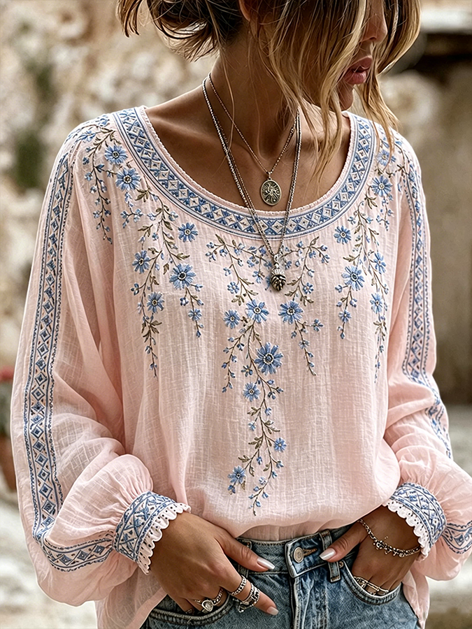 Women'S Floral Printed Casual Cotton And Linen Top