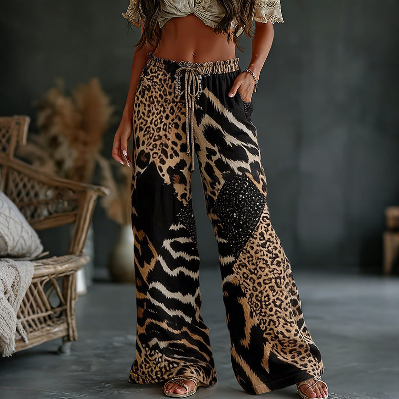 Women's  Leopard And Animal Patchwork Art Print Flowy Linen Blend Casual Pants