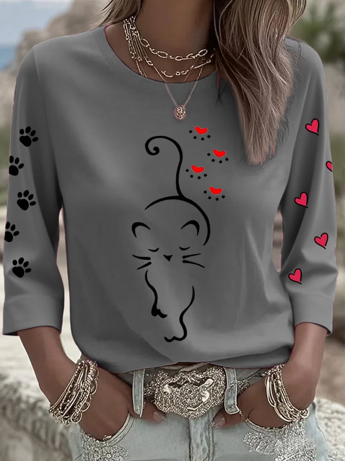 Women's Retro Animal Cat Print T-shirt