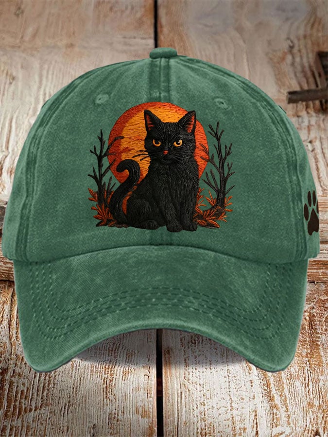 Unisex Distressed Washed Cute Cat Print Hat