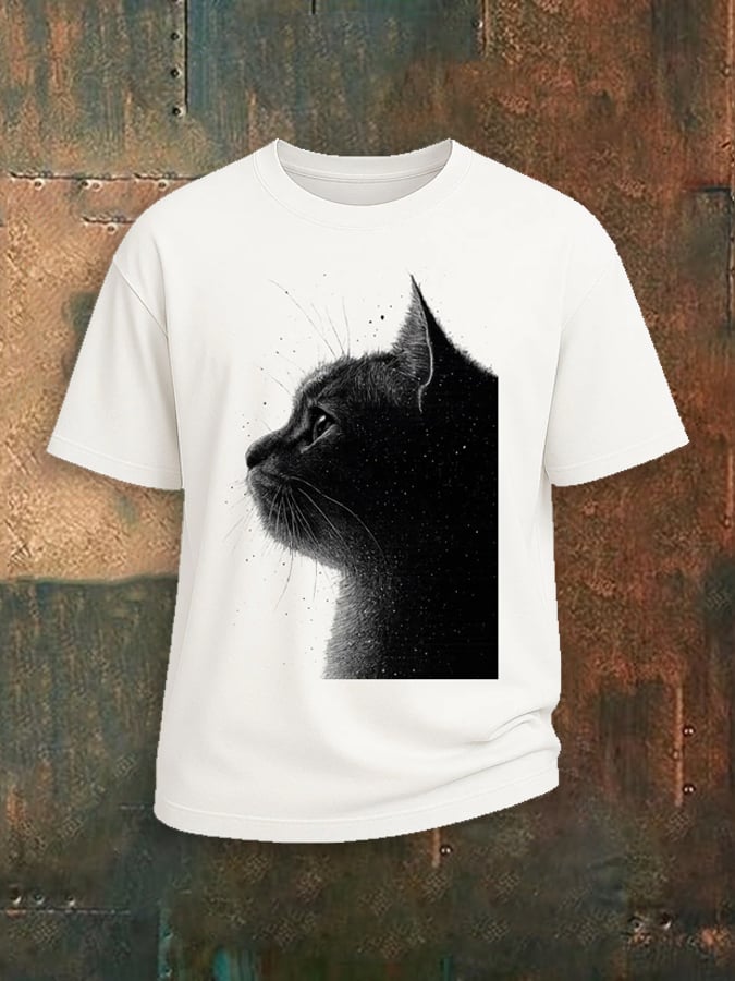 Men's Starry Black Cat Silhouette Print Crew Neck T-Shirt