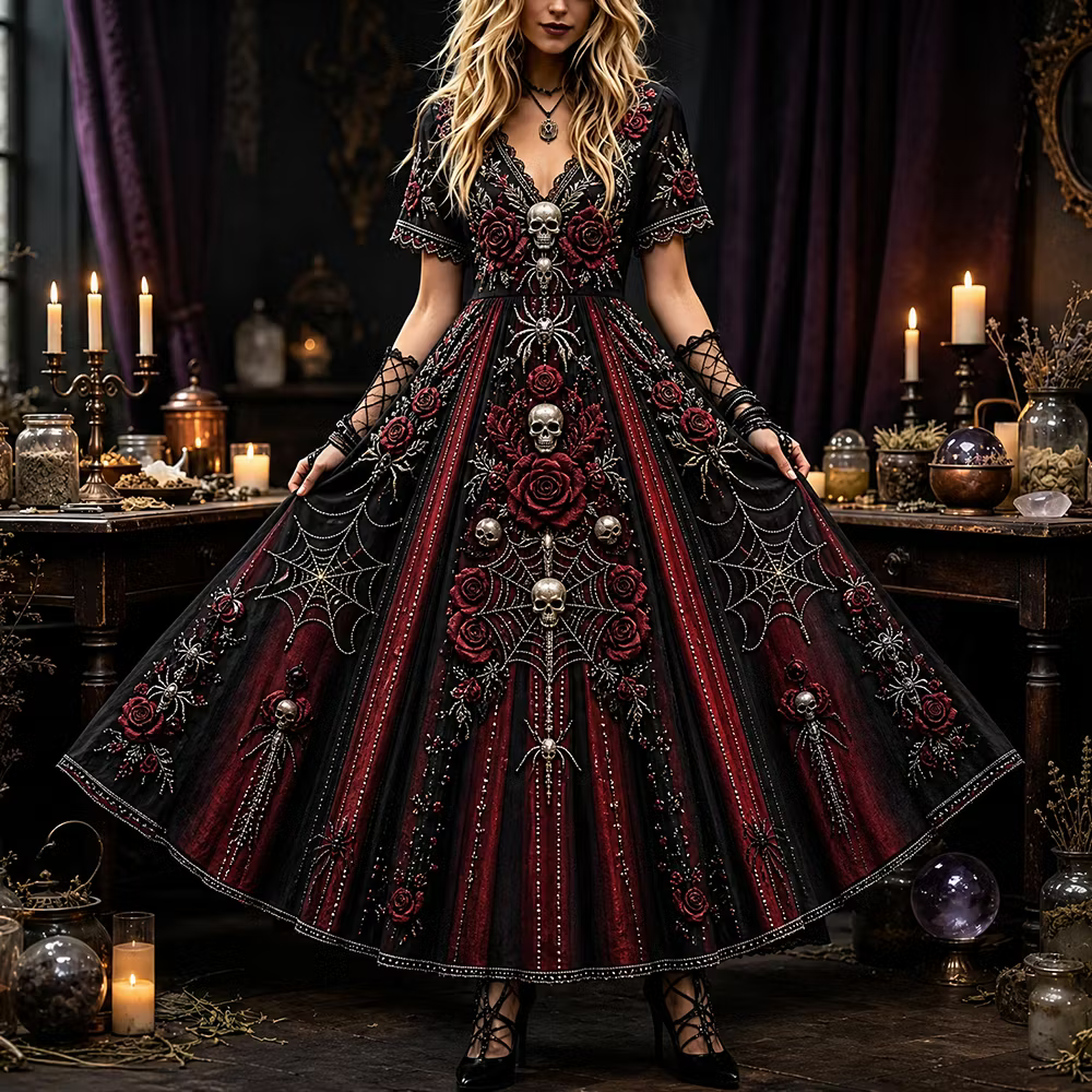 Women's Gothic Long-sleeved Dress, Decorated With Skull, Rose And Spider Web Patterns.