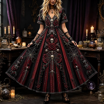 Women's Gothic Long-sleeved Dress, Decorated With Skull, Rose And Spider Web Patterns.