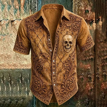 Men's Skull Floral Print Short Sleeve Shirt