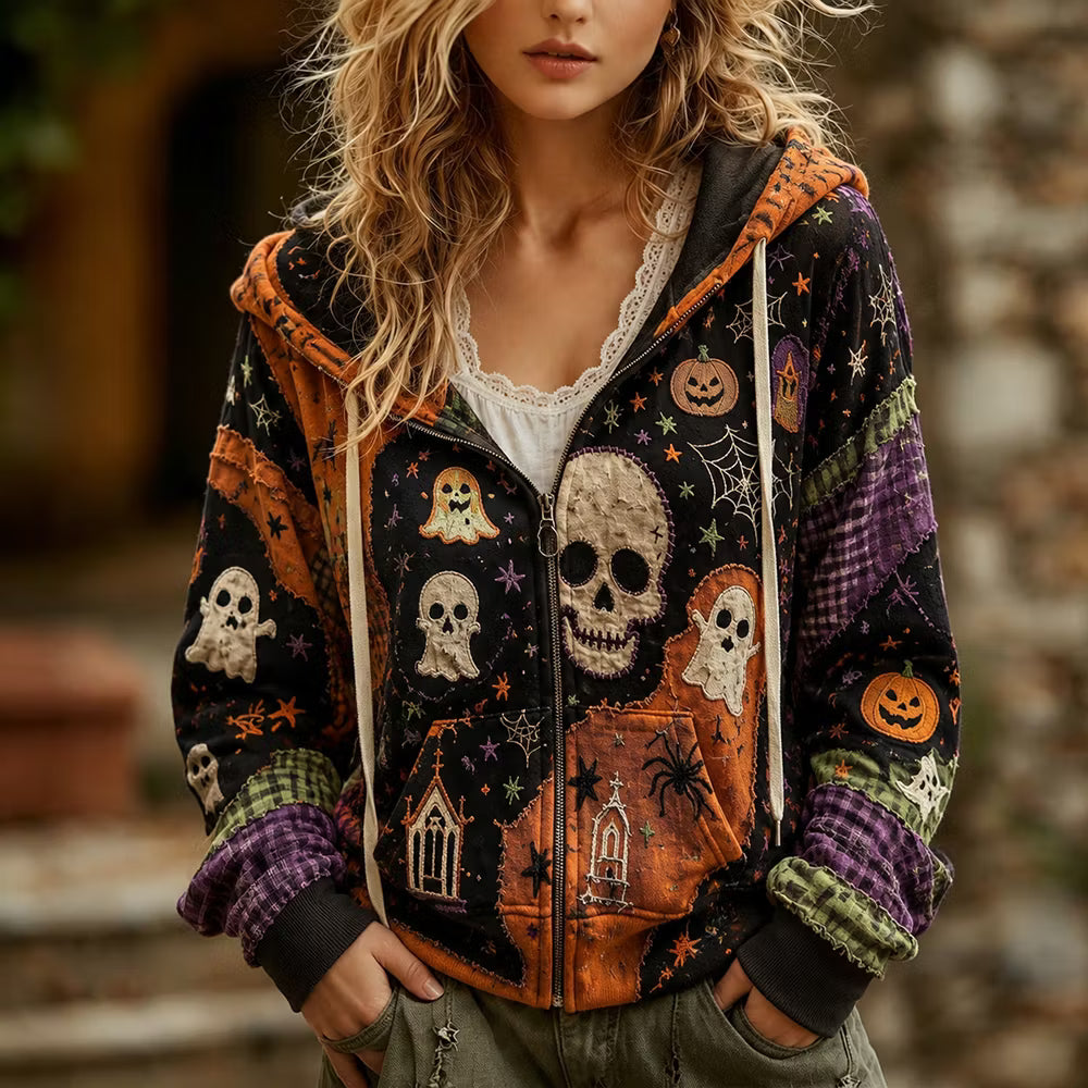 Women's Halloween Skull And Ghost Art Cotton Linen Casual Hoodie
