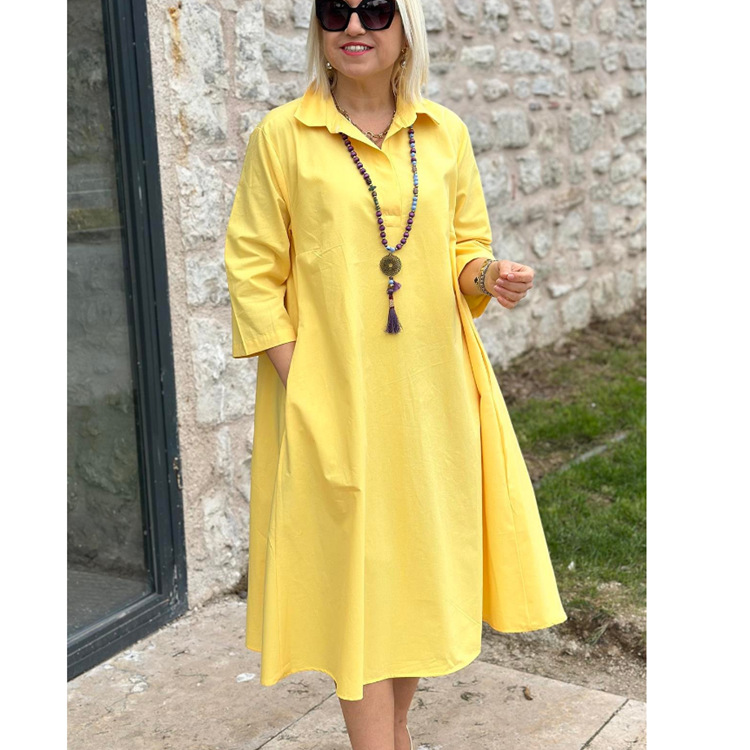 Women'S Long Shirt Solid Color Temperament Commuting Simple Lapel Cardigan Dress
