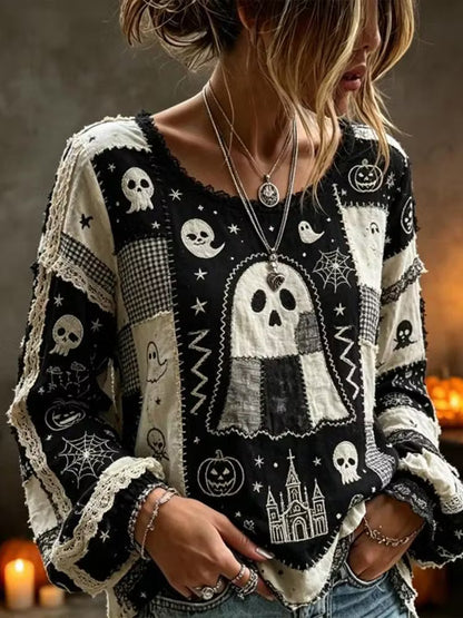 Vintage Ghost Face Art Embroidery Patchwork Cotton Linen Casual Crew Neck Long Sleeve Top