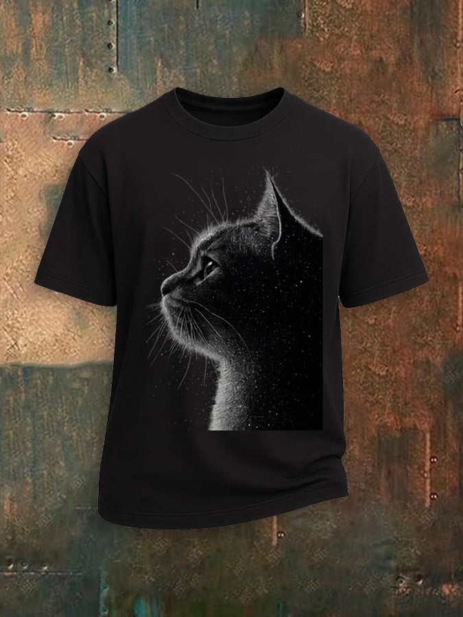 Men's Starry Black Cat Silhouette Print Crew Neck T-Shirt