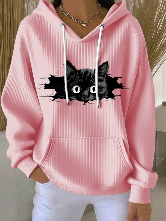 Women's Peeking Black Cat Print Casual Hoodie