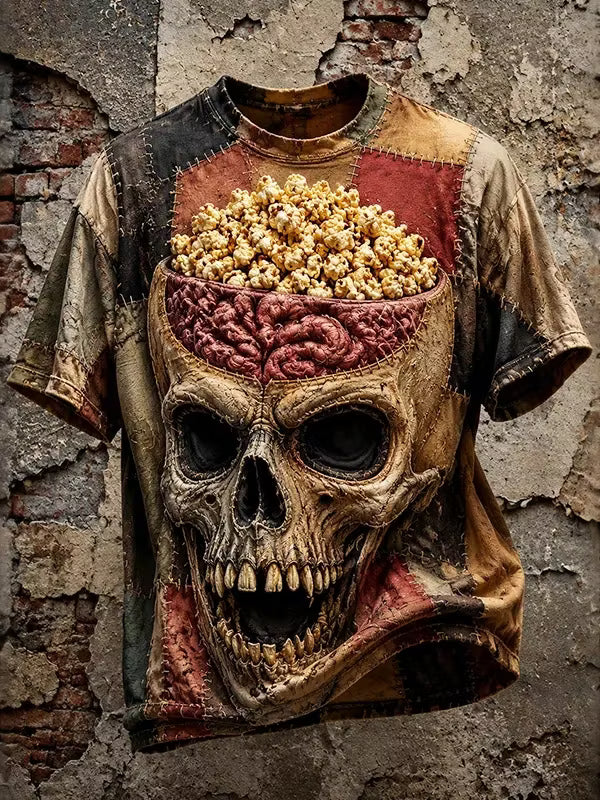 Men's Retro Dark Skull Patchwork Crew Neck T-shirt