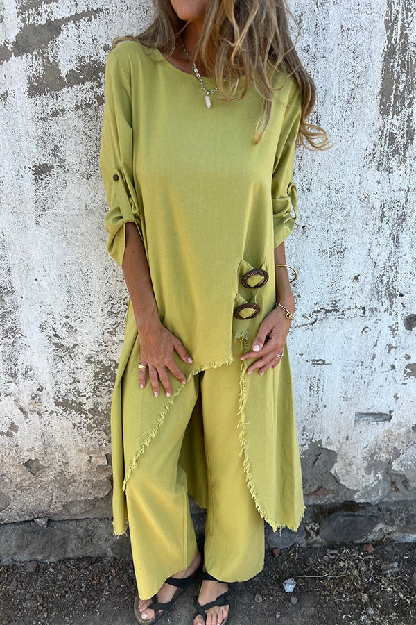 Women's Linen Blend Ring Detail Midi Blouse and Elastic Waist Pocketed Loose Pants Set