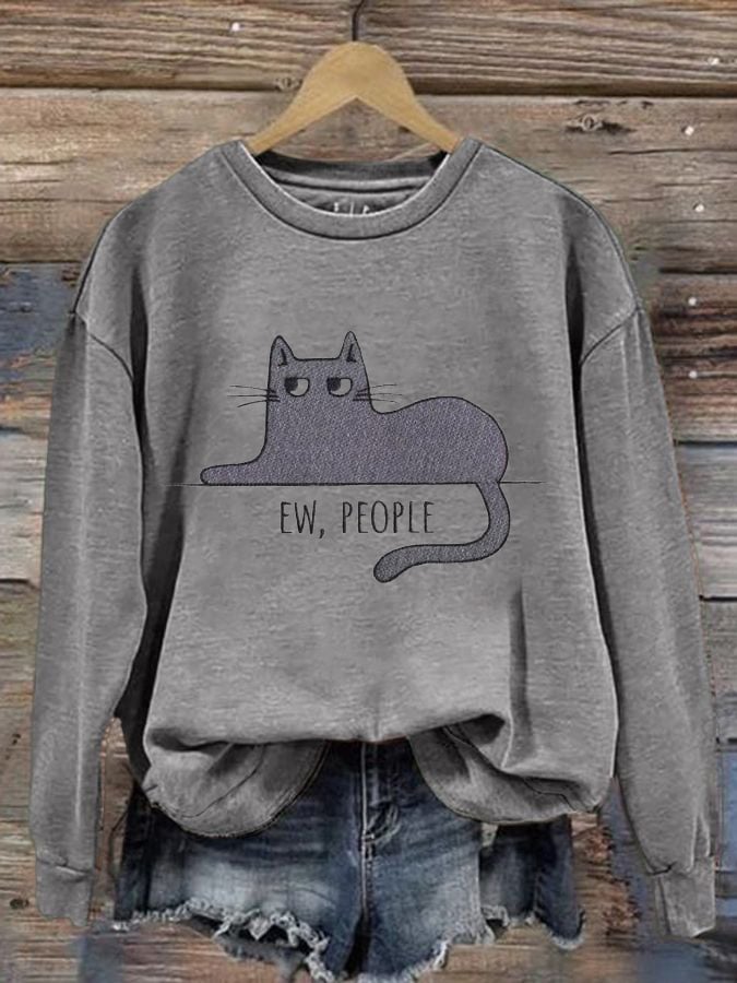 Women'S Ew People Cat Print Casual Sweatshirt