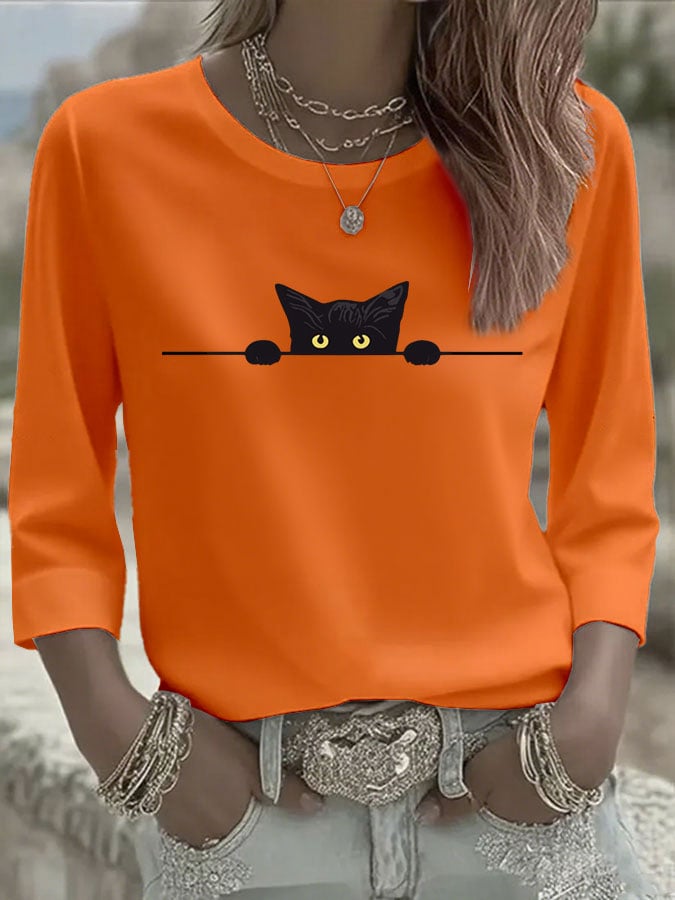 Women's Casual Cat Print Three-Quarter Sleeve T-Shirt