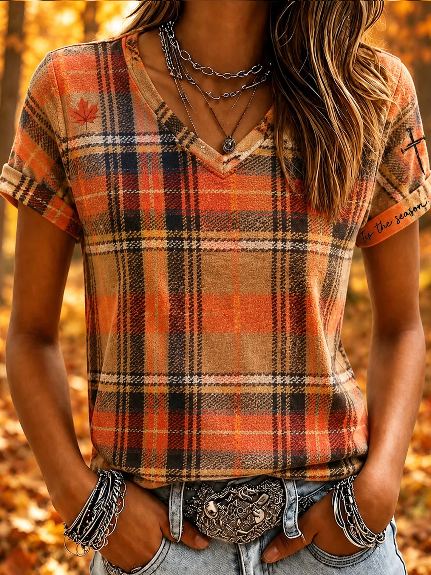 Women's Autumn-themed Printed V-neck Top
