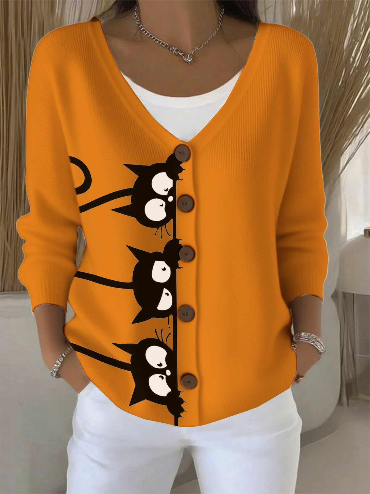 Women's Autumn Sleeping Black Cat Fun Printed Sweater Cardigan