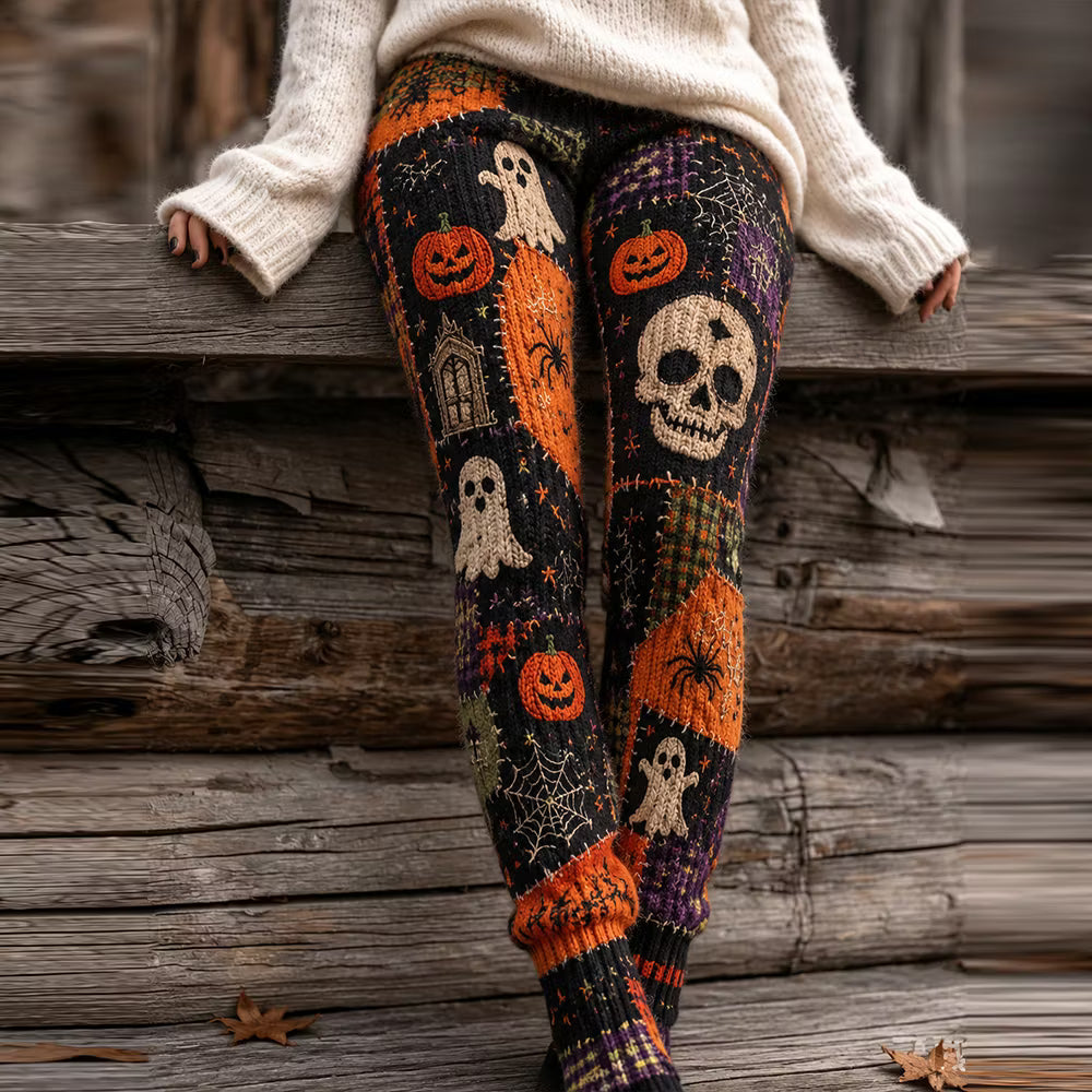 Women's Halloween Ghost And Pumpkin Art Casual Knitted Leggings