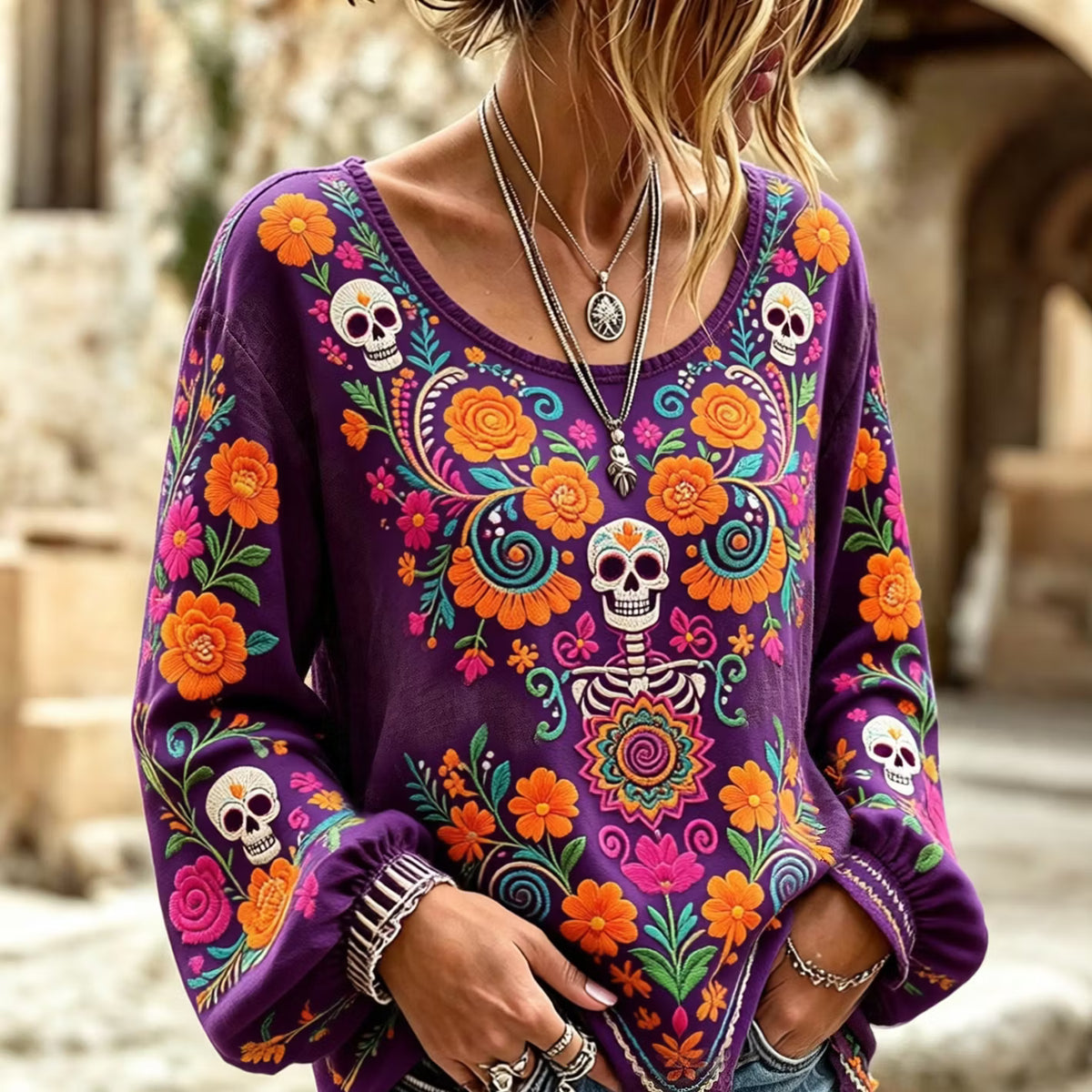 Women's Retro Day Of The Dead Floral Skull Print Cotton Linen Top