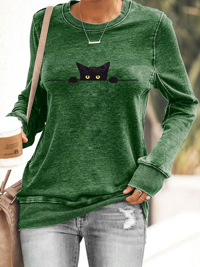 Women's Cat Printed Crew Neck Sweatshirt