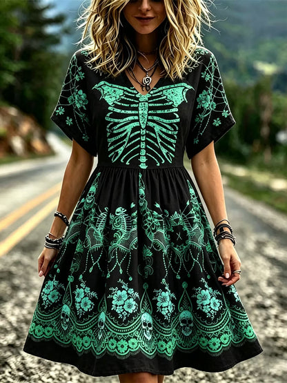 Men's Dark Retro Floral Spiderweb Design V-neck Short-sleeved Dress