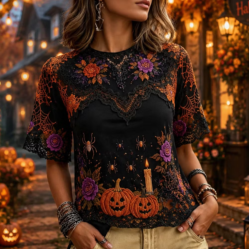 Women's Halloween Gothic Black Lace Spiderweb, Spiders, Pumpkins & Candles T-shirt