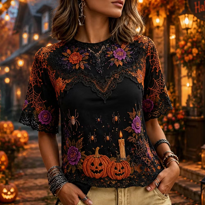 Women's Halloween Gothic Black Lace Spiderweb, Spiders, Pumpkins & Candles T-shirt