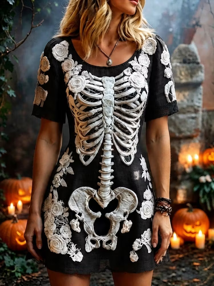 Women's Short-sleeved Mini Dress, Decorated With Halloween Skull And White Rose Patterns.