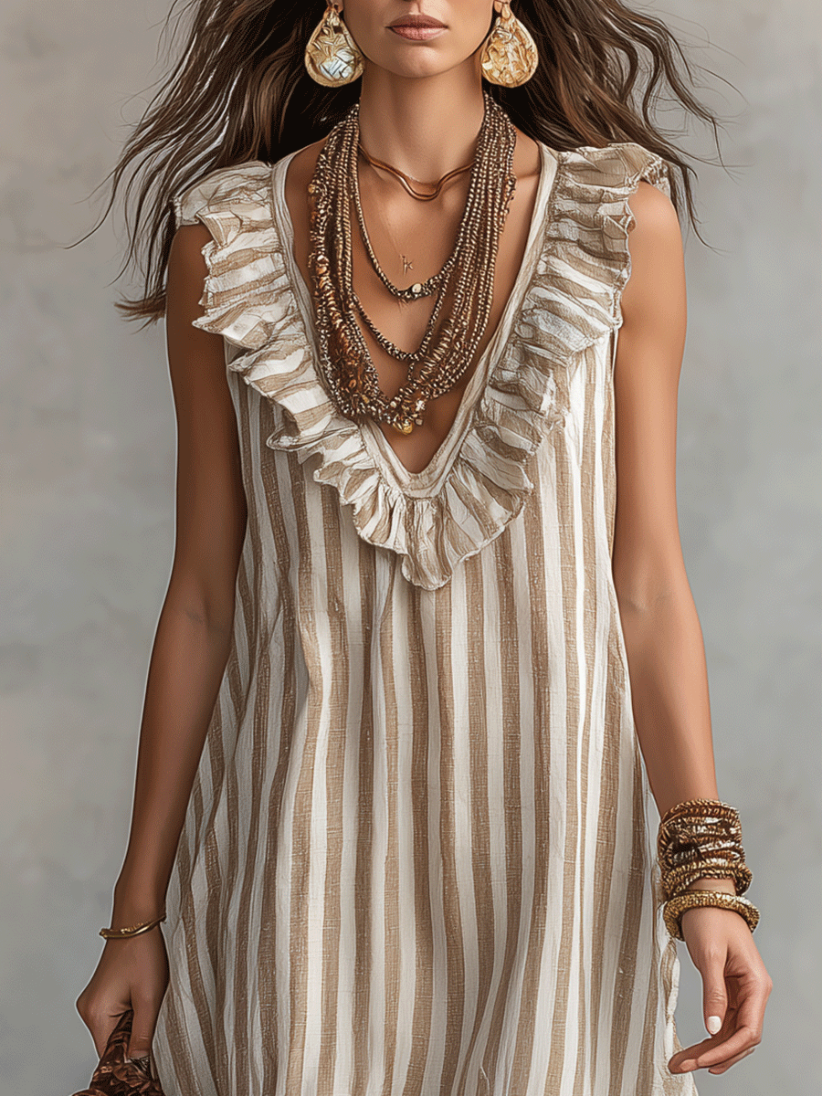 Relaxed Bohemian Ruffle-Trim Striped Maxi Dress