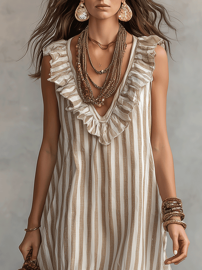 Relaxed Bohemian Ruffle-Trim Striped Maxi Dress