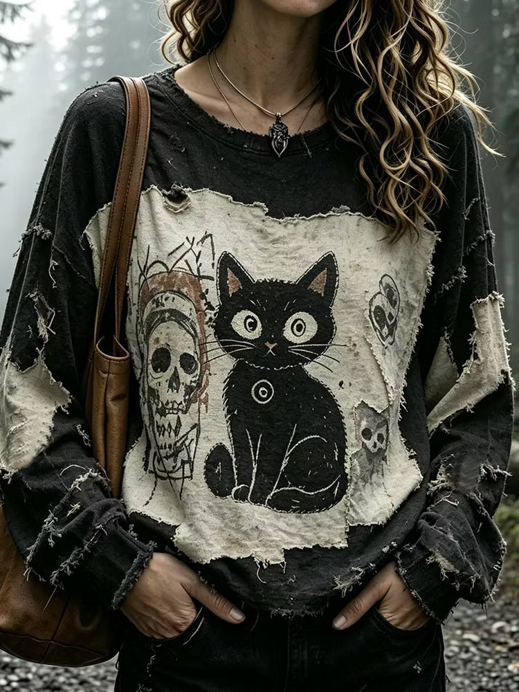 Women's Distressed Long-sleeved Round-neck Shirt With Black Cat And Skull Print.