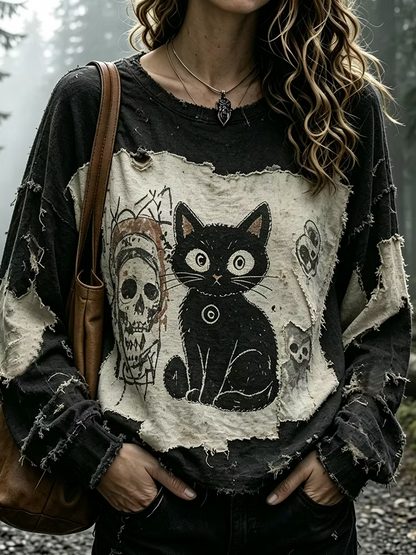 Women's Distressed Long-sleeved Round-neck Shirt With Black Cat And Skull Print.
