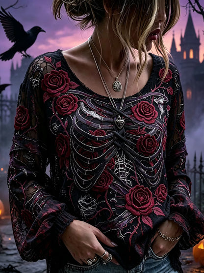 Women's Retro Halloween Floral And Bone Embroidered Long-sleeved Top