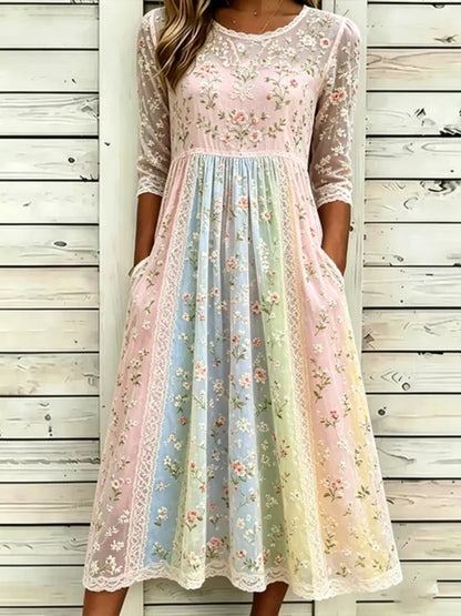 Women's Small Floral Embroidery And Lace Art Splicing Comfortable Cotton Linen Long Sleeve Round Neck Dress