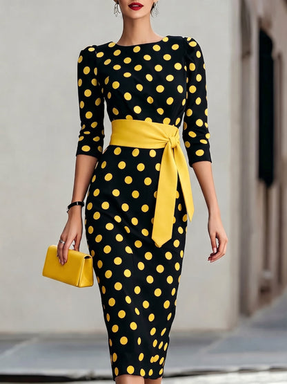 Elegant Artistic Polka-dot Print Stretch Dress