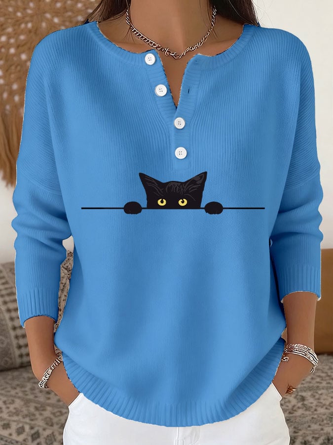 Women's Casual Cat Print Knit Top