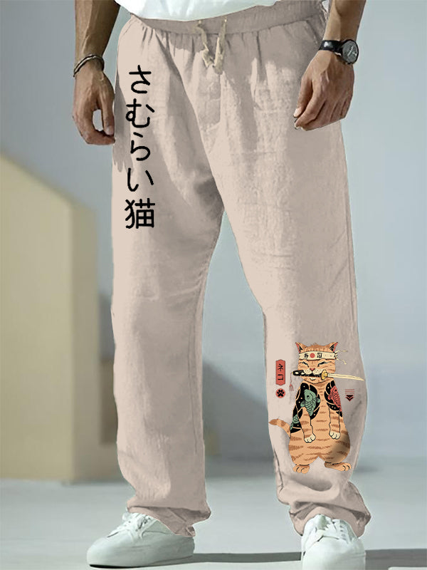 Men's Japanese Sushi Samurai Cat Graphic Print Casual Pants