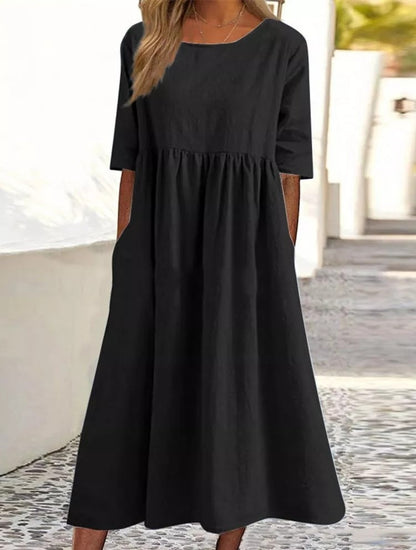 2025 spring and summer new round neck 5-quarter sleeve large size loose long cotton and linen dress