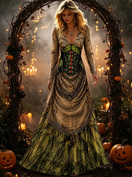 Women's Retro Halloween Floral V-neck Dress