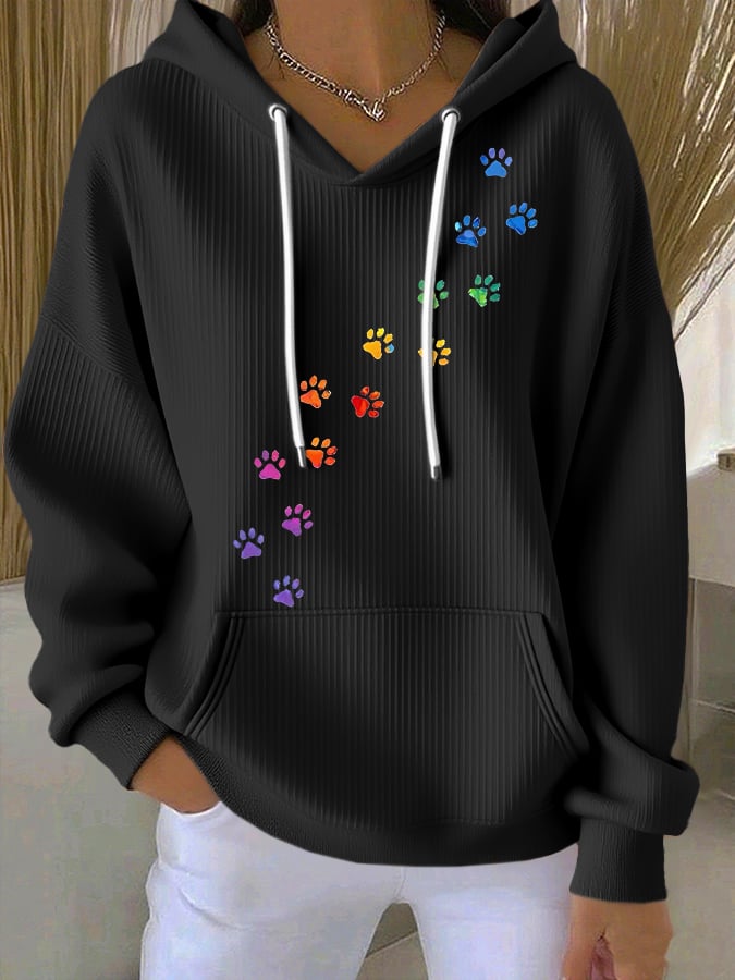 Women's Retro Animal Paw Print Casual Hoodie