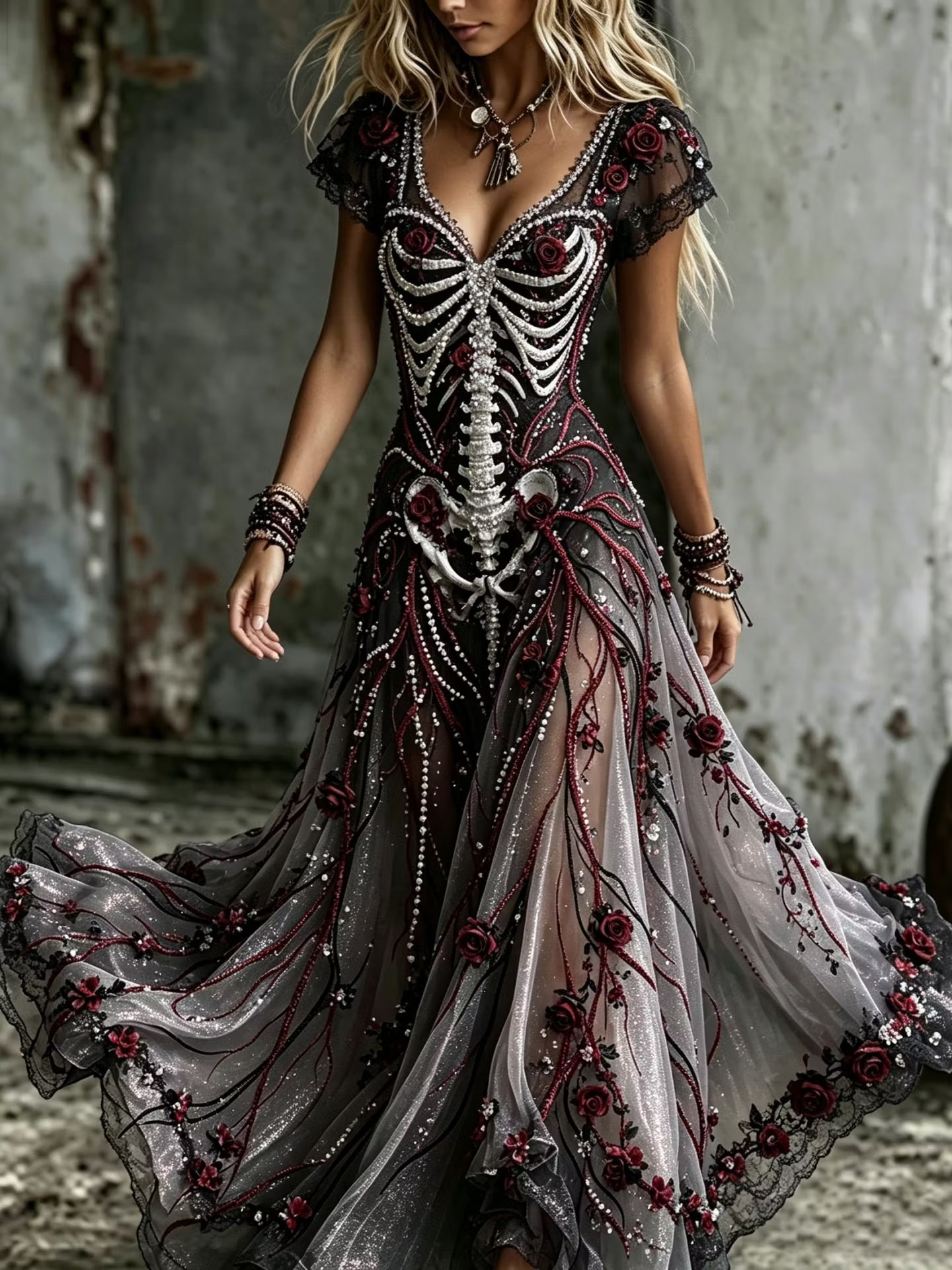 Women's  Retro Gothic Skull Floral Pattern Short Sleeves Maxi Halloween Dress