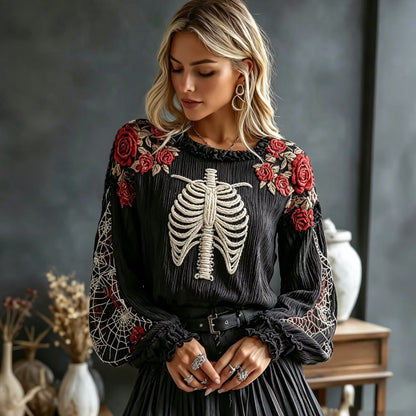 Women's Retro Halloween Bone And Floral Art Embroidery Round Neck Top