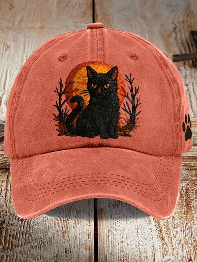 Unisex Distressed Washed Cute Cat Print Hat