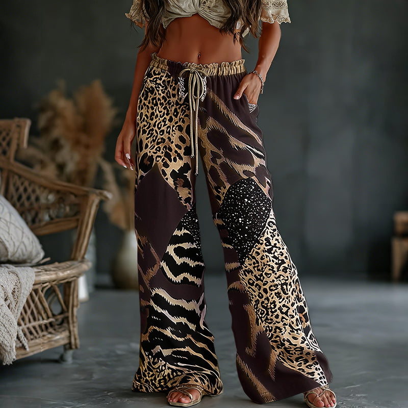 Women's  Leopard And Animal Patchwork Art Print Flowy Linen Blend Casual Pants