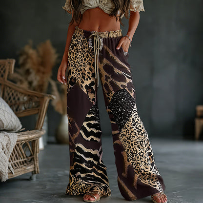 Women's  Leopard And Animal Patchwork Art Print Flowy Linen Blend Casual Pants