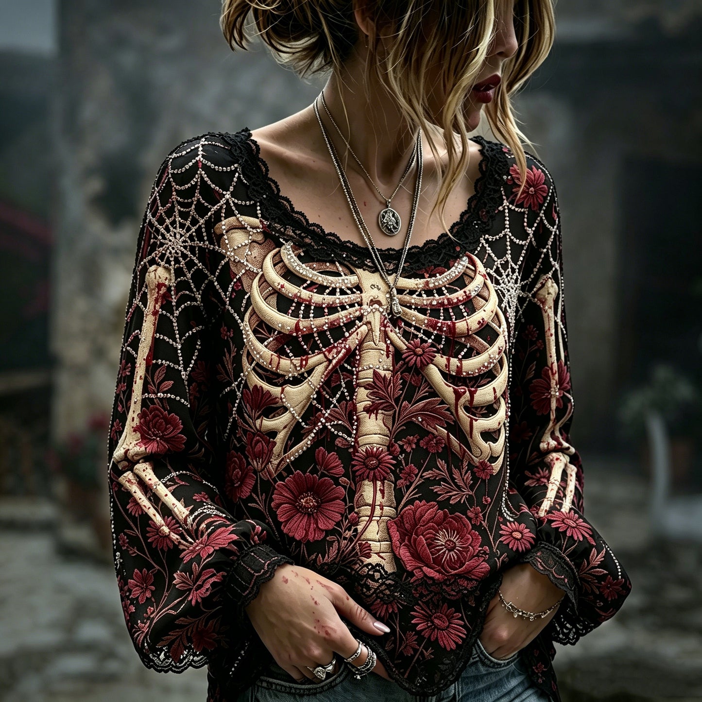 Women's Halloween Rose, Skeleton, And Spider Web Print Top