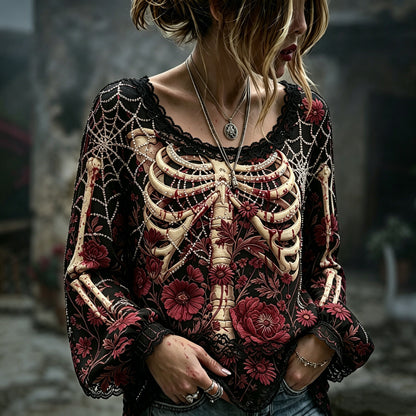 Women's Halloween Rose, Skeleton, And Spider Web Print Top