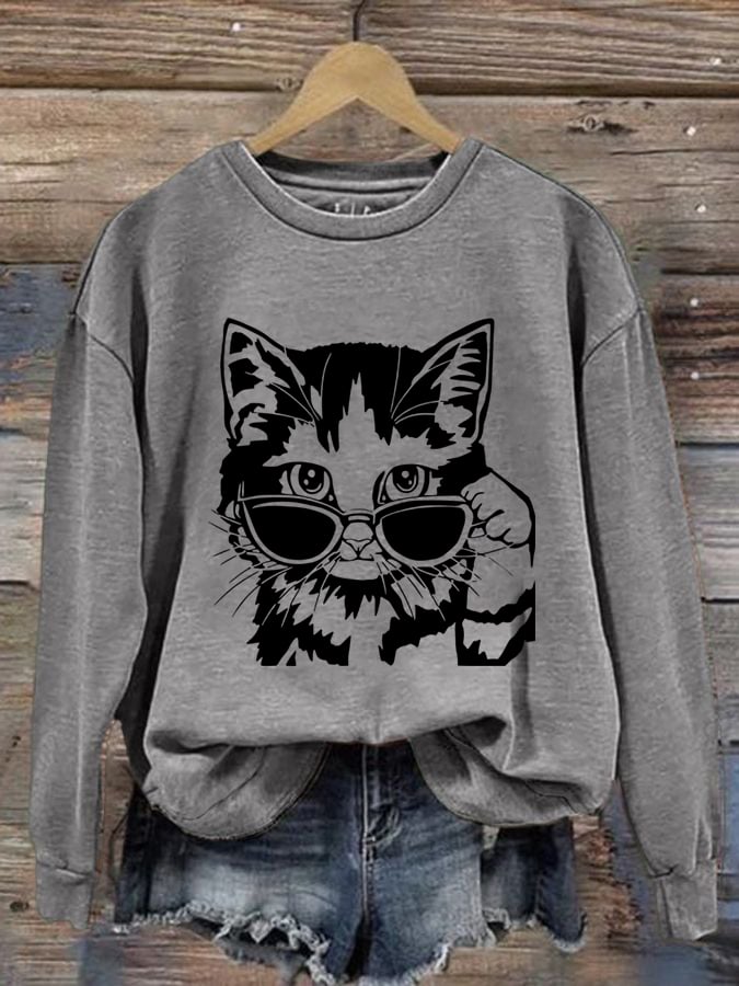 Women'S Cool Cat Print Casual Sweatshirt